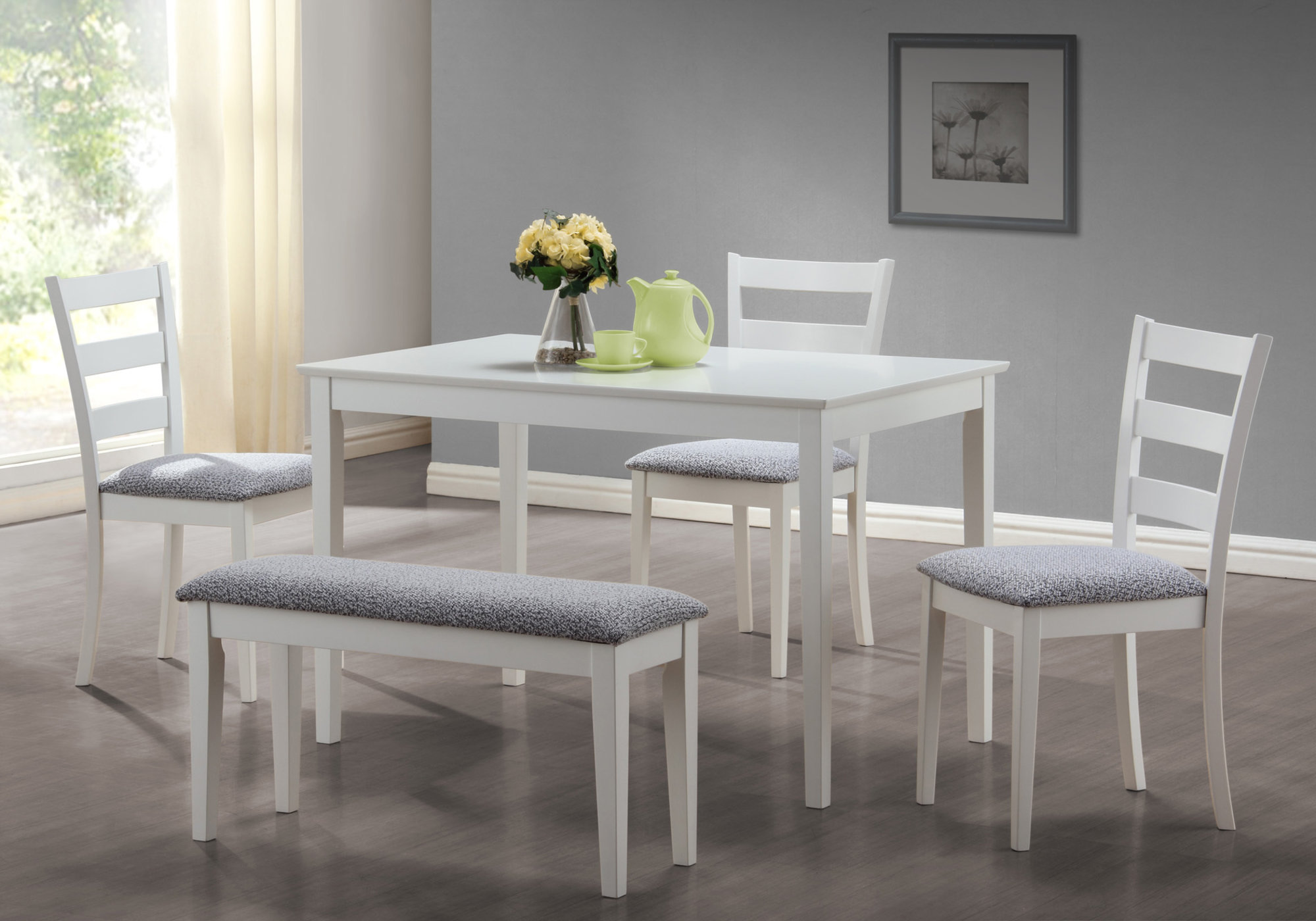DINING SET - 5PCS SET / WHITE BENCH AND 3 SIDE CHAIRS