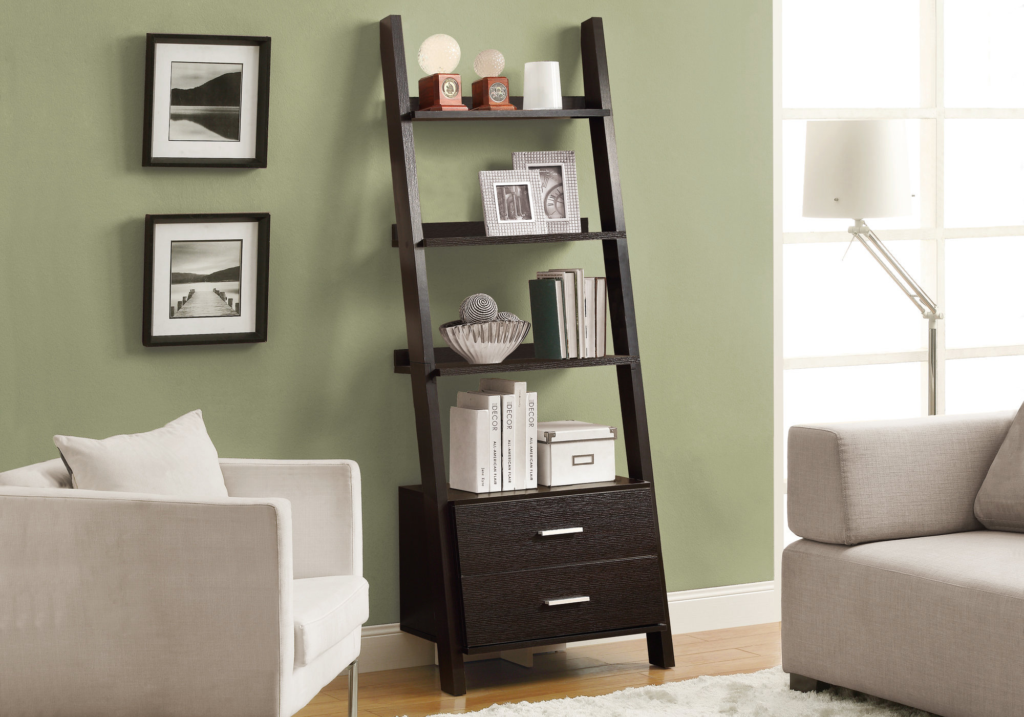 BOOKCASE - 69"H / CAPPUCCINO LADDER W/ 2 STORAGE DRAWERS