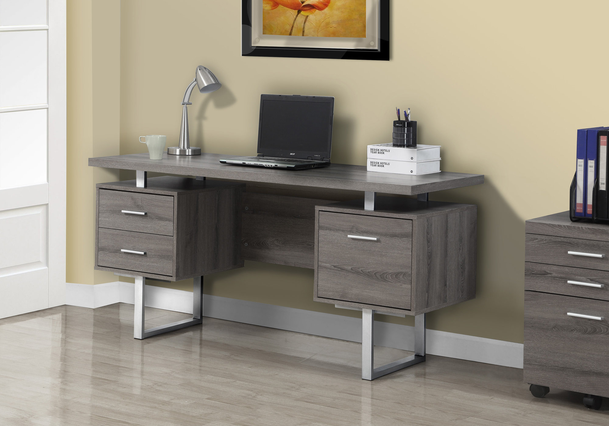 COMPUTER DESK - 60"L / DARK TAUPE / SILVER METAL