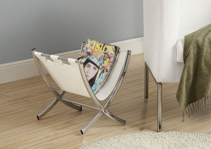 MAGAZINE RACK - WHITE LEATHER-LOOK / CHROME METAL