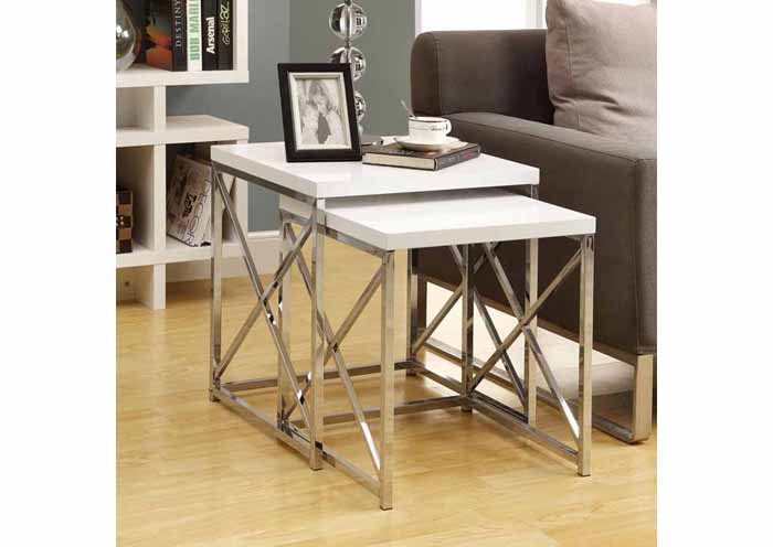 NESTING TABLE - 2PCS SET / GLOSSY WHITE / CHROME METAL