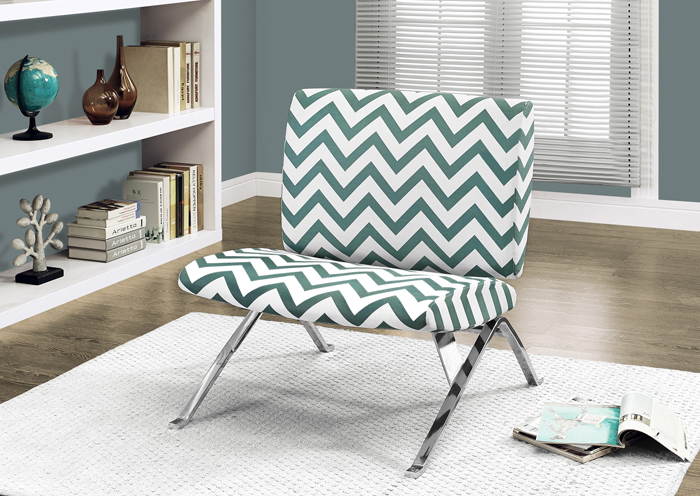 ACCENT CHAIR - TEAL " CHEVRON " FABRIC / CHROME METAL