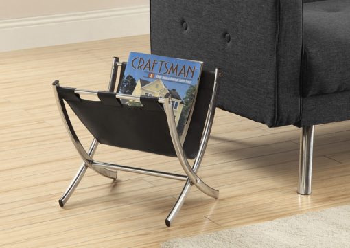 MAGAZINE RACK - BLACK LEATHER-LOOK / CHROME METAL