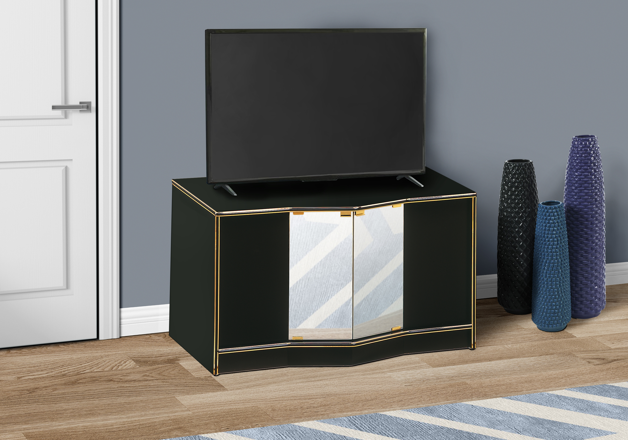 TV STAND - BLACK / BRASS HOME THEATER WITH MIRROR DOORS