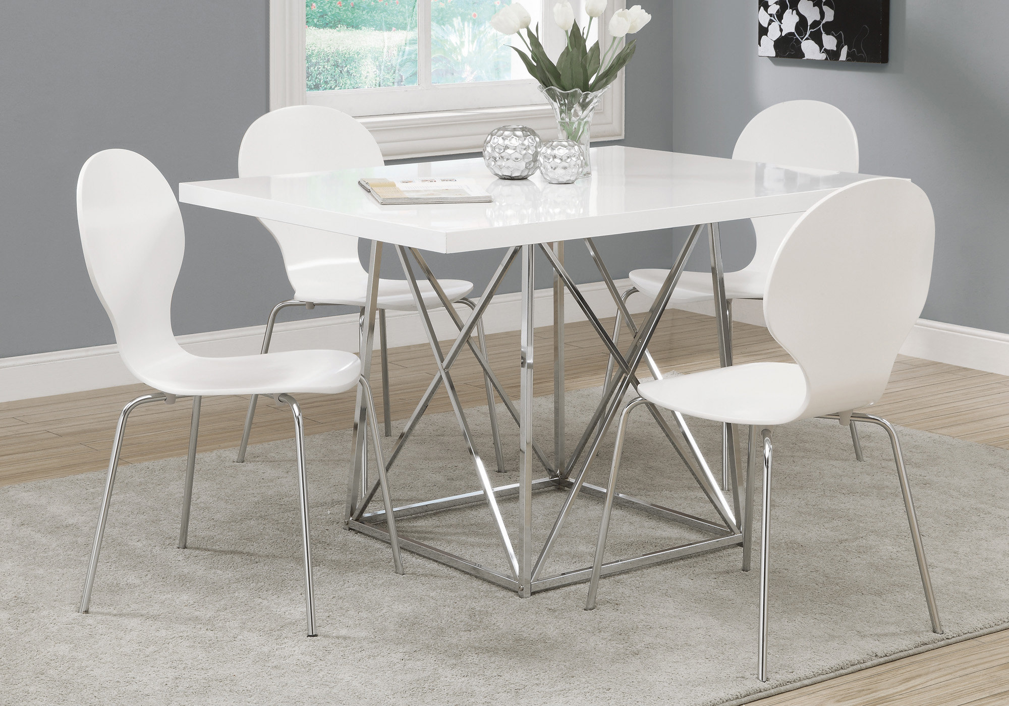 DINING TABLE - 36"X 48" / WHITE GLOSSY / CHROME METAL