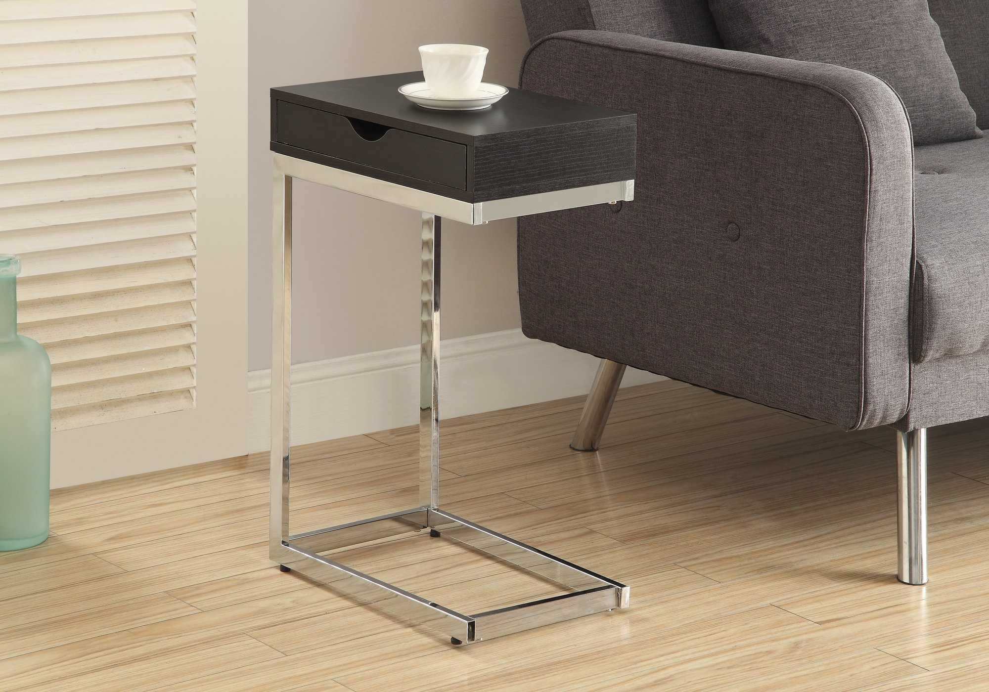 ACCENT TABLE - ESPRESSO / CHROME METAL WITH A DRAWER