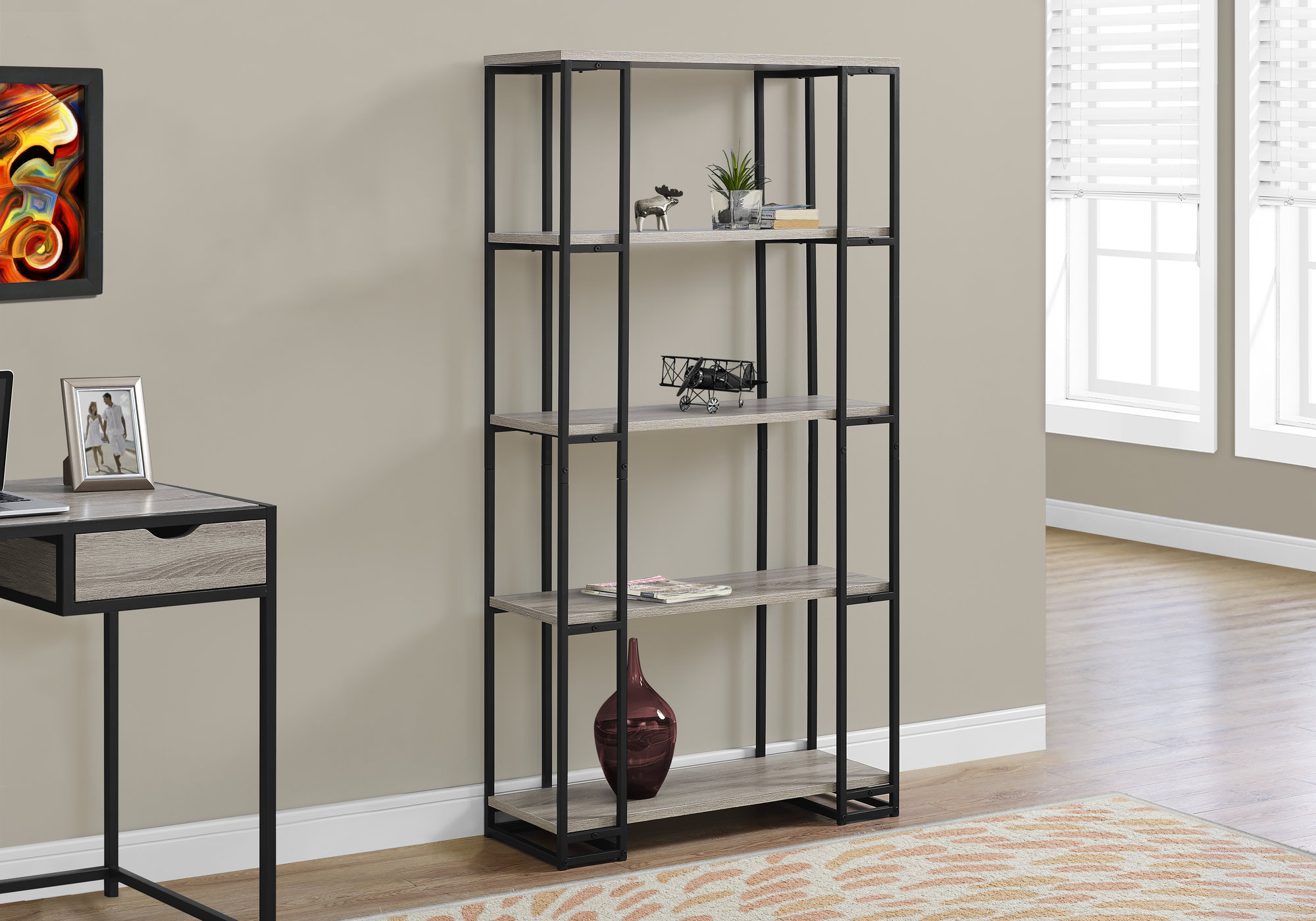 BOOKCASE - 60"H / DARK TAUPE / BLACK METAL