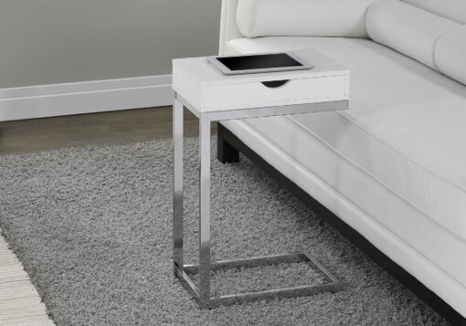 ACCENT TABLE - CHROME METAL / GLOSSY WHITE WITH A DRAWER